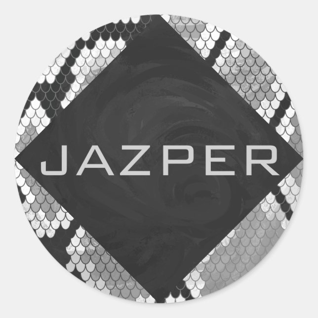 Snakeskin, grau, weiß und schwarz Mit Monogramm Runder Aufkleber (Vorderseite)