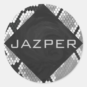 Snakeskin, grau, weiß und schwarz Mit Monogramm Runder Aufkleber