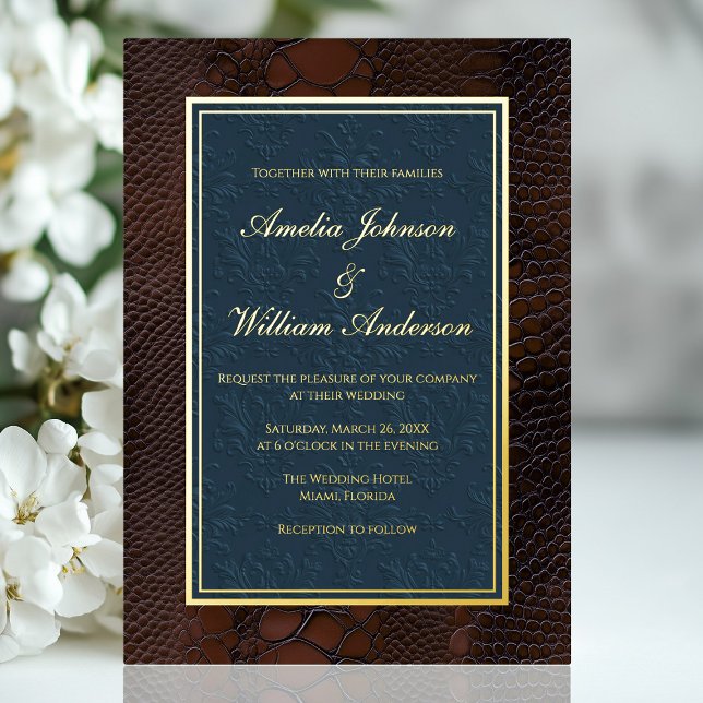 Snakeskin Leather Viktorianisch Brown Blue Wedding Folieneinladung (Snakeskin Leather Victorian Brown Blue Wedding Foil Invitation)