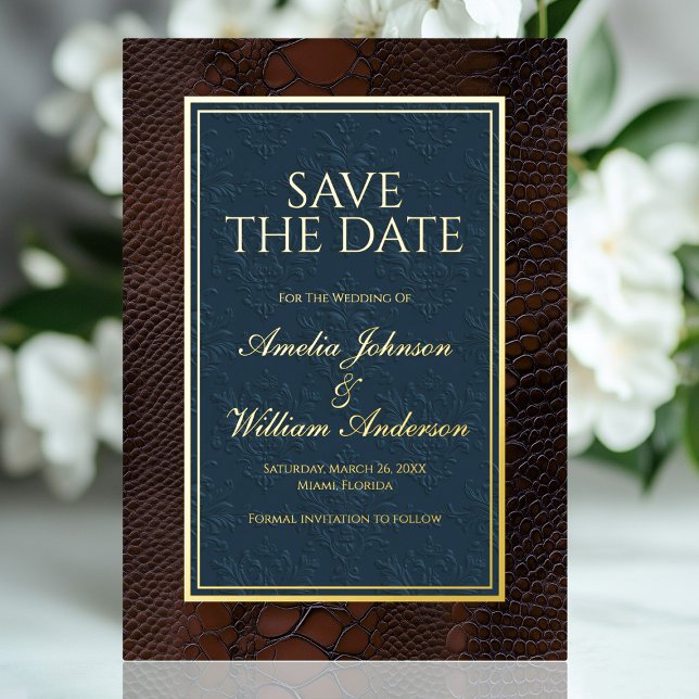 Snakeskin Leather Viktorianisch Brown Save the Dat Folieneinladung (Snakeskin Leather Victorian Brown Save The Date Foil Invitation)