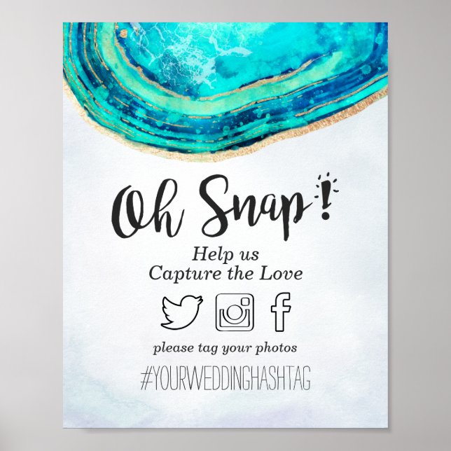 Snap Hashtag Hochzeitsdekor Aquamarin & Gold Agate Poster (Vorne)