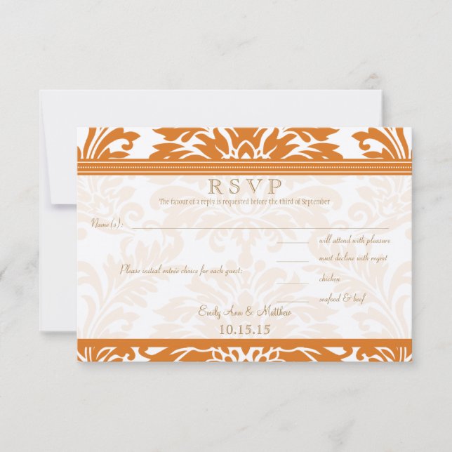 Snapdragon Coral & Ivory Damask Wedding UAWG RSVP Karte (Vorderseite)