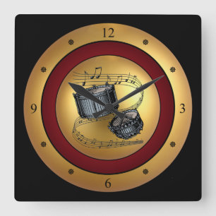 Snare Drums ~ Musical Scroll ~ Gold/Maroon/Black ~ Quadratische Wanduhr