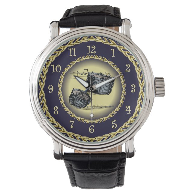Snare Drums ~ Musikalische Scroll ~ Gold/Navy Blue Armbanduhr (Vorderseite)