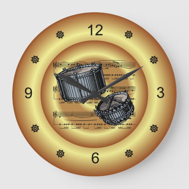 Snare Drums ~ Sheet Music ~ Gold Background ~  Große Wanduhr (Vorderseite)