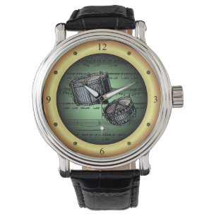 Snare Drums ~ Sheet Music ~ Green/Gold Hintergrund Armbanduhr