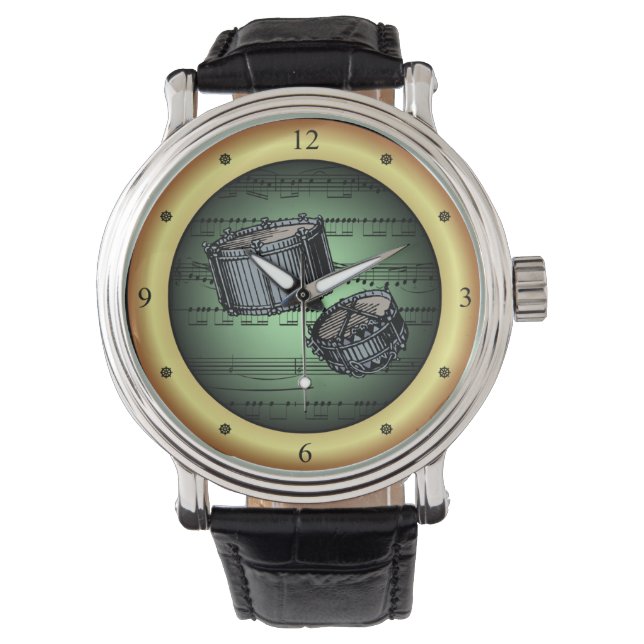 Snare Drums ~ Sheet Music ~ Green/Gold Hintergrund Armbanduhr (Vorderseite)