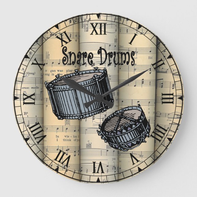 Snare Drums ~ Vintage Noten ~ Einzigartig Große Wanduhr (Vorderseite)