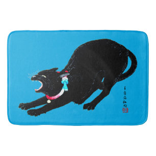 Snarling Hissing Black Japanese Cat Badematte