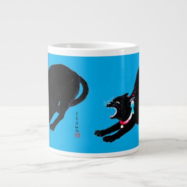 Snarling Hissing Black Japanese Cat Jumbo-Tasse (Vorderseite)