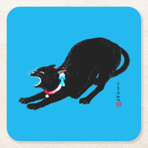 Snarling Hissing Black Japanese Cat Rechteckiger Pappuntersetzer
