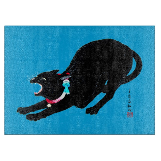 Snarling Hissing Black Japanese Cat Schneidebrett (Vorderseite)