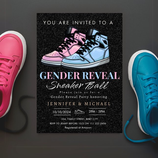 Sneaker Ball Gender Reveal Blau oder Rosa Einladung (Sneaker Ball Gender Reveal Blue or Pink Invitation)
