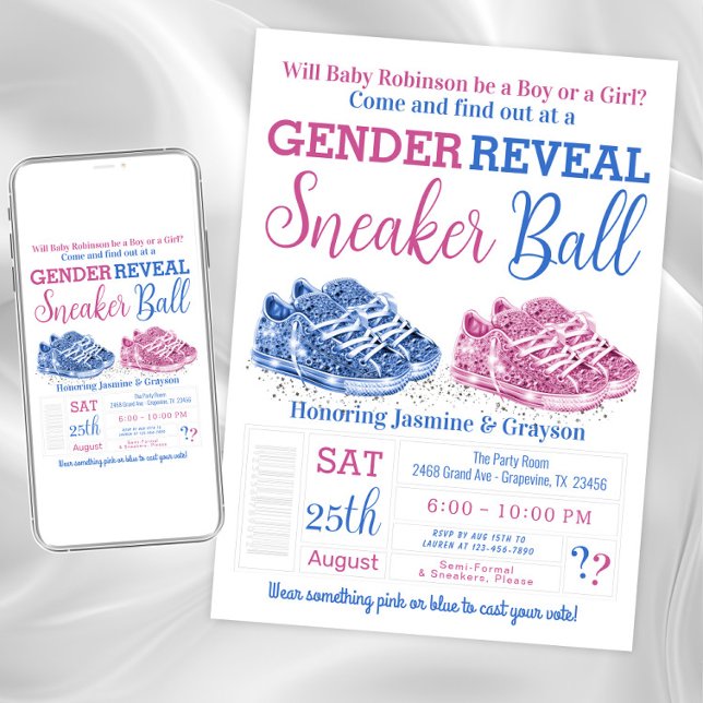 Sneaker Ball Gender Reveal Dusche Einladung (Sneaker ball gender reveal shower invitation. Instant download and printed invitations available.)