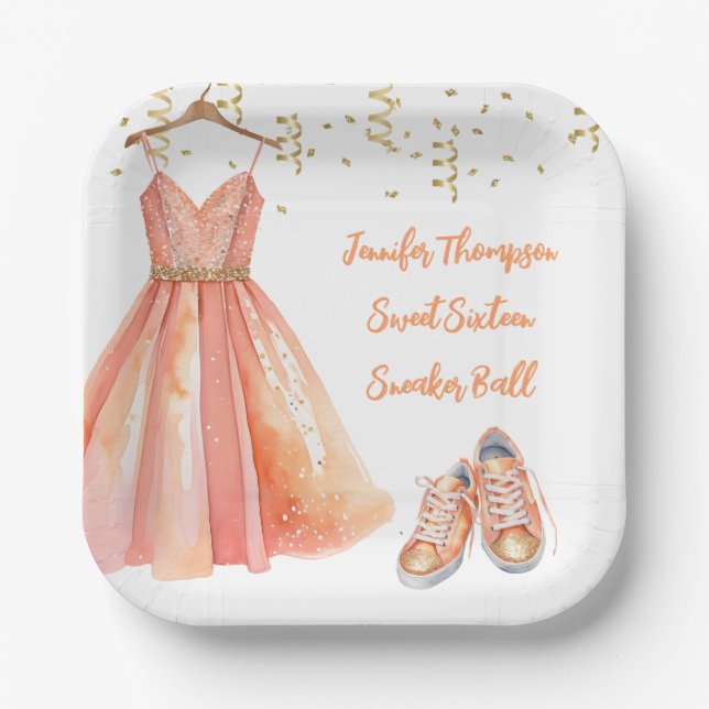 Sneaker Ball Sweet 16 Peach & Gold Glitzer Pappteller (Vorderseite)