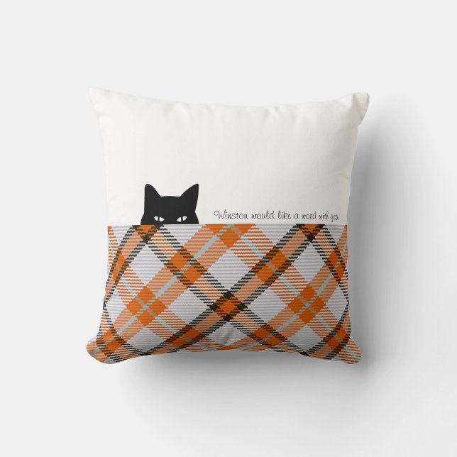 Sneaky Cat Madras Karo Orange Gray Kissen (Vorderseite)