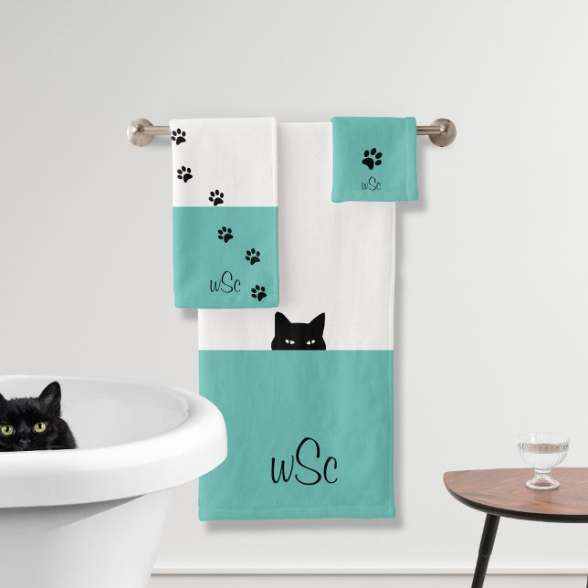 Sneaky Cat Monogram Aquamarin Badhandtuch Set (Von Creator hochgeladen)