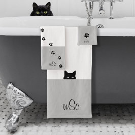 Sneaky Cat Monogram Gray Badhandtuch Set