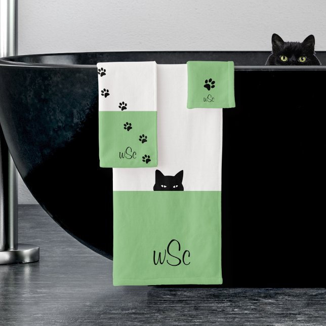 Sneaky Cat Monogram Green Badhandtuch Set (Von Creator hochgeladen)