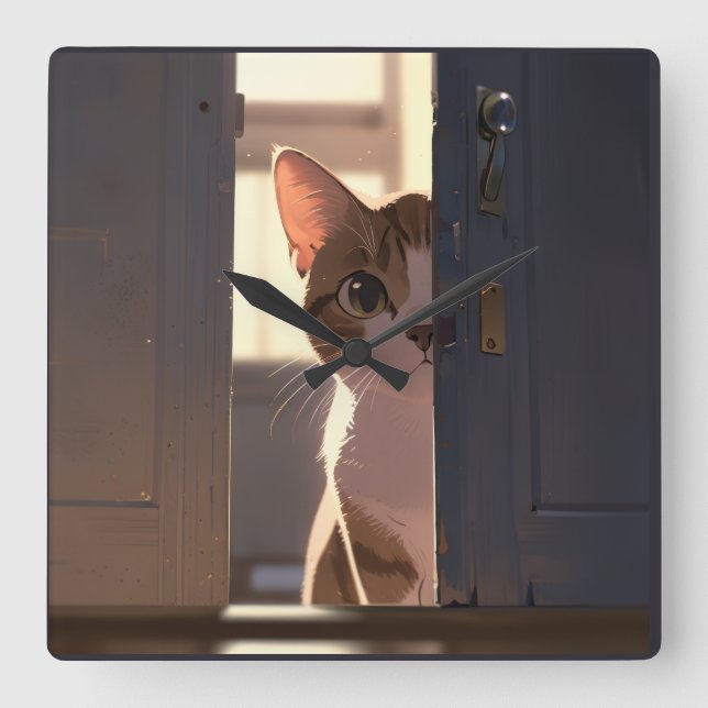 Sneaky cat  quadratische wanduhr (Vorderseite)