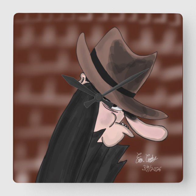 Sneaky villain cartoon character quadratische wanduhr (Vorderseite)