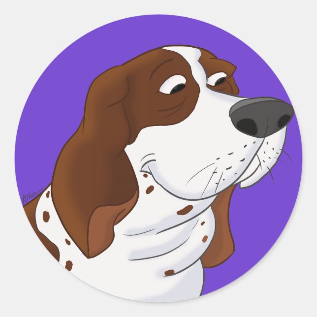 Sniffing Cartoon Basset Hound Runder Aufkleber (Vorderseite)