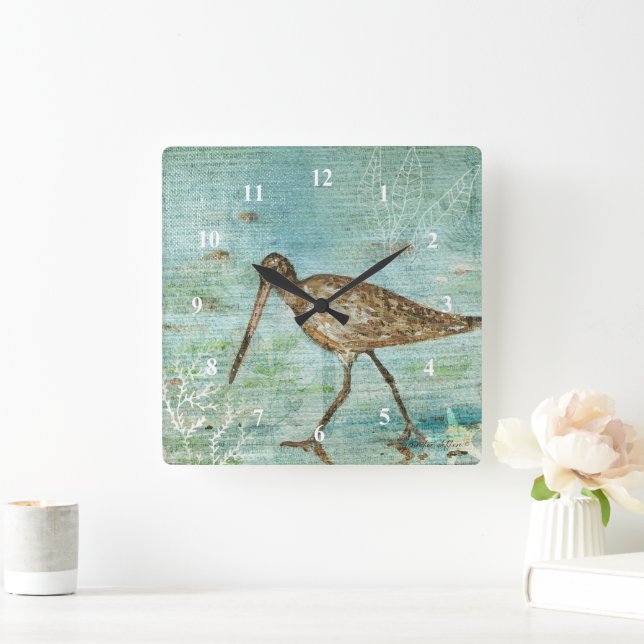 Snipe Shorebird Beach House Wohngestaltung Art Quadratische Wanduhr (Zuhause)