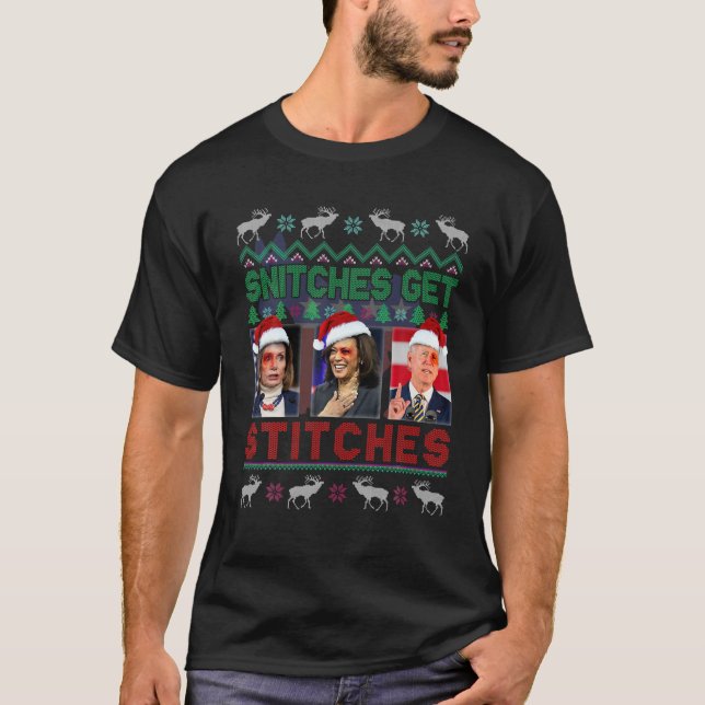 Snitches Get Stitches Funny Xmas Elf Anti Biden T-Shirt (Vorderseite)