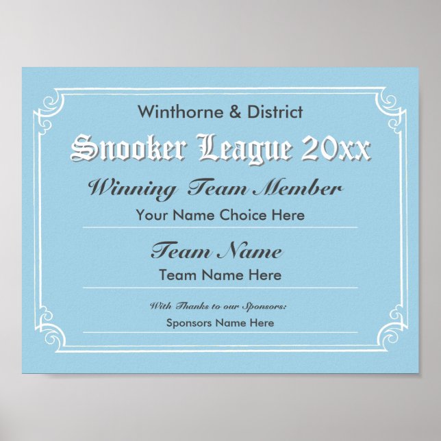 Snooker Competition Certificate Poster (Vorne)