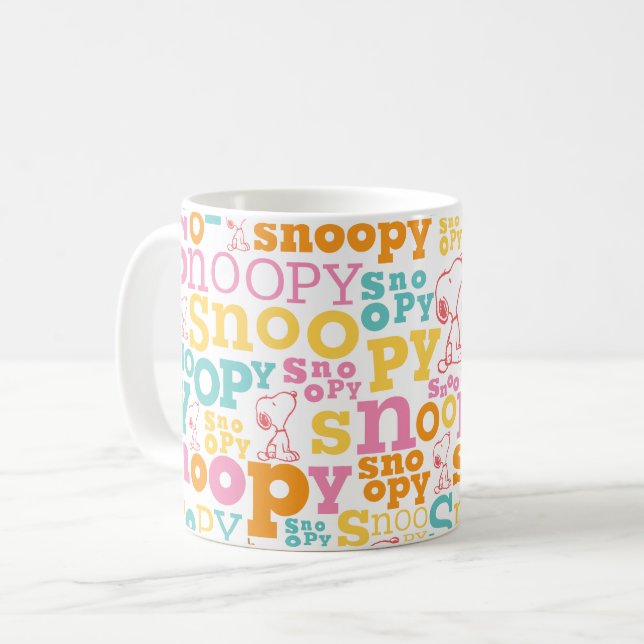 Snoopy Pastel Textmuster Kaffeetasse (Vorderseite Links)