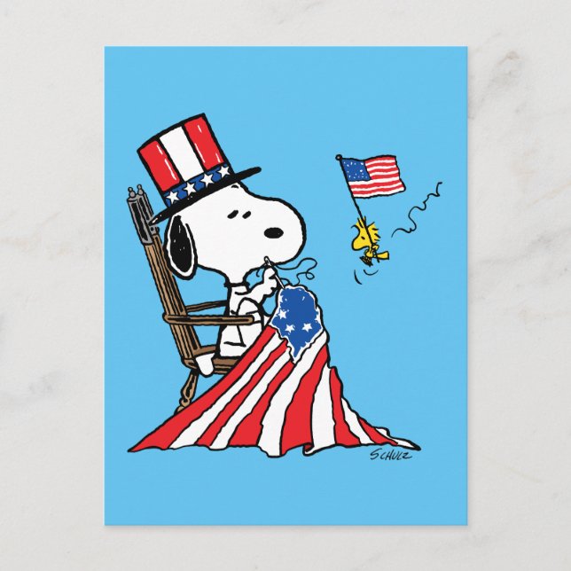 Snoopy Sewing 4. Juli Flagge Postkarte (Vorderseite)