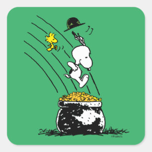 Snoopy springt in den Pot of Gold Quadratischer Aufkleber