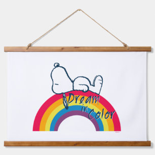 Snoopy Traum in farbigem Regenbogen Wandteppich Mit Holzrahmen