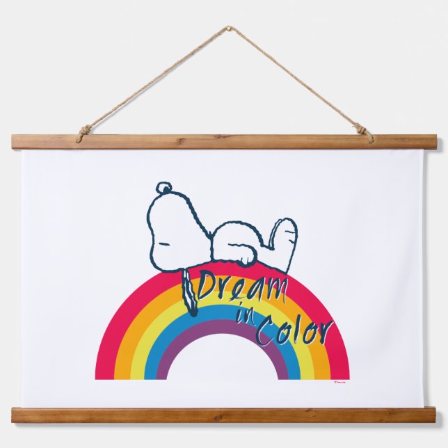 Snoopy | Traum in farbigem Regenbogen Wandteppich Mit Holzrahmen (Vorne)
