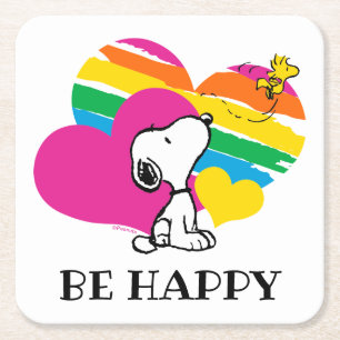Snoopy und Holz   Rainbow Hearts Rechteckiger Pappuntersetzer