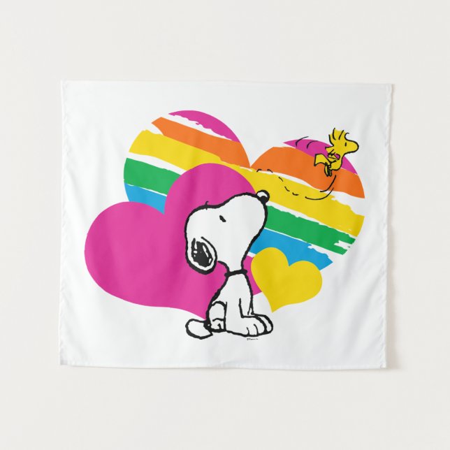 Snoopy und Holz | Rainbow Hearts Wandteppich (Vorderseite (Horizontal))