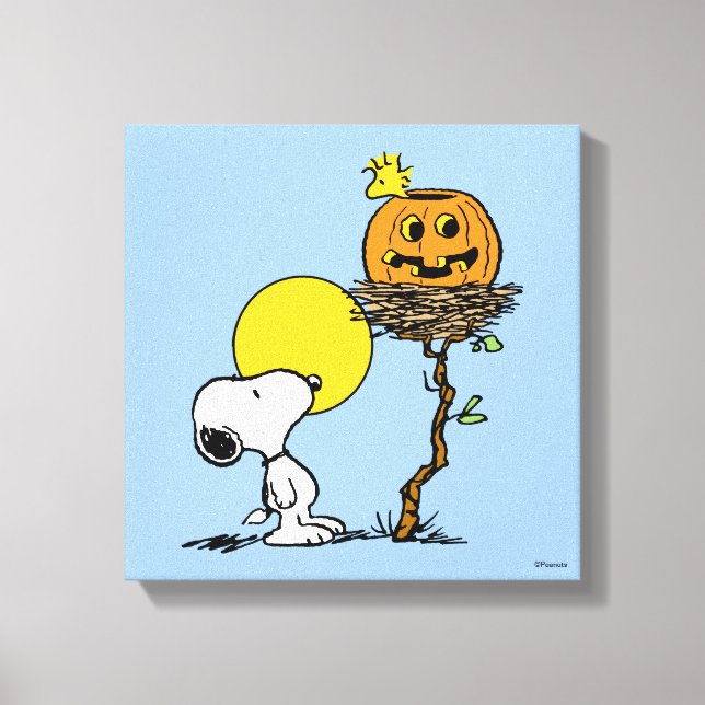 Snoopy und Holznest mit Jack O' Lantern Leinwanddruck (Vorderseite)