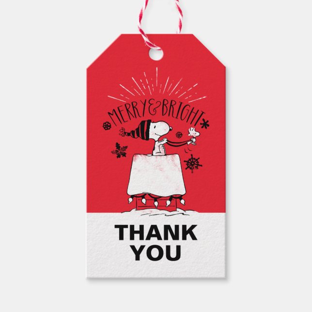 Snoopy und Woodstock - Merry & Bright Geschenkanhänger (Vorderseite)