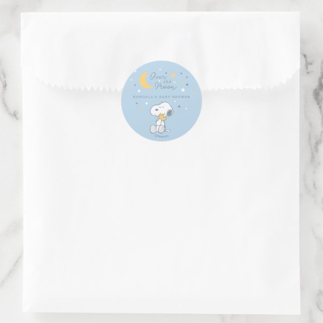 Snoopy & Woodstock | Baby Shower für das Baby über Runder Aufkleber (Tasche)