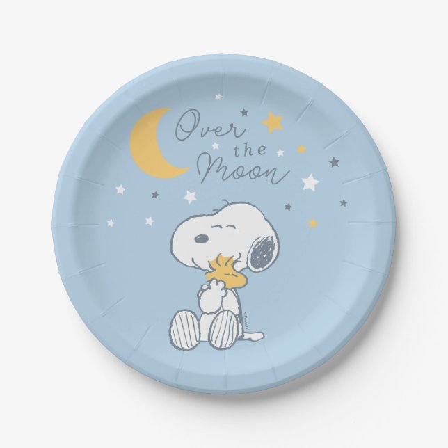 Snoopy & Woodstock | Over the Moon Baby Shower Pap Pappteller (Vorderseite)