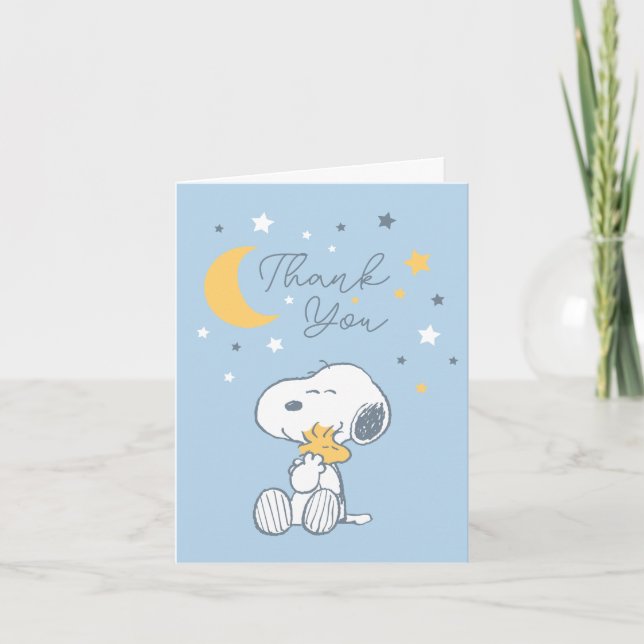 Snoopy & Woodstock | Over the Moon Baby Shower Tha Dankeskarte (Vorderseite)