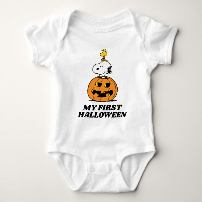 Snoopy & Woodstock Pumpkin - Mein erstes Halloween Baby Strampler (Vorderseite)