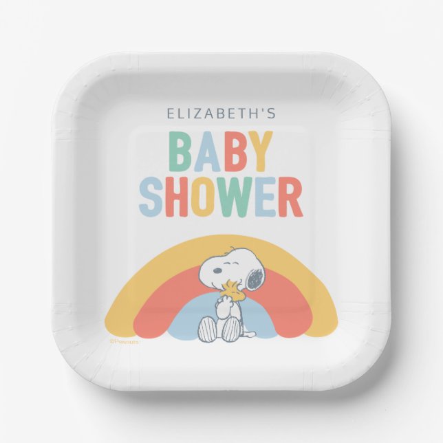 Snoopy & Woodstock Rainbow Baby Shower Paper Plate Pappteller (Vorderseite)