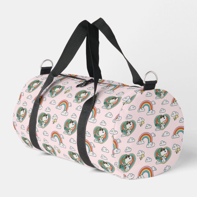 Snoopy & Woodstock Regenbogen Herzmuster Duffle Bag (Linke Seite)