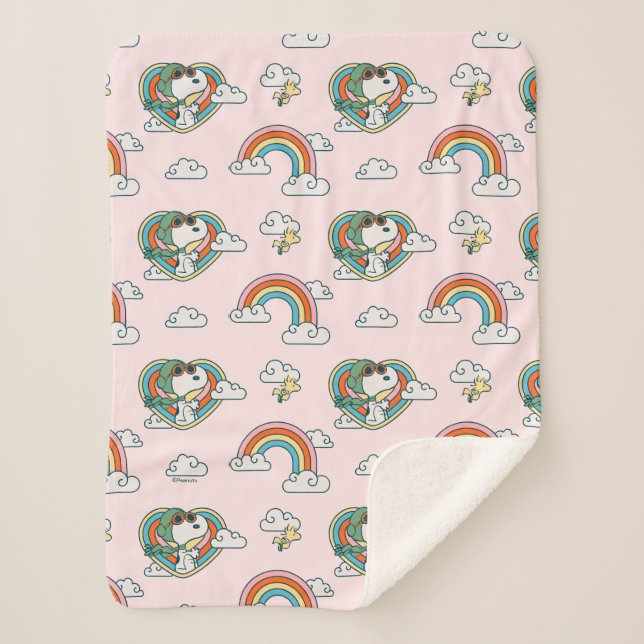 Snoopy & Woodstock Regenbogen Herzmuster Sherpadecke (Vorderseite)