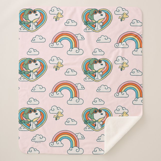 Snoopy & Woodstock Regenbogen Herzmuster Sherpadecke (Vorderseite)