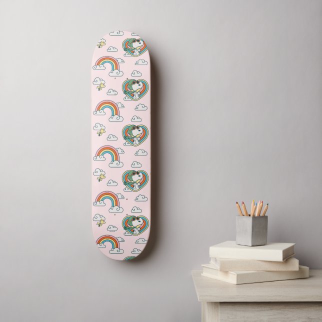 Snoopy & Woodstock Regenbogen Herzmuster Skateboard (Wandkunst)