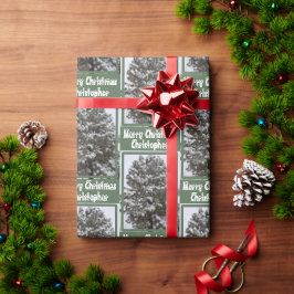 Snow bedeckt Evergreen Tree Foto Grußname Geschenkpapier