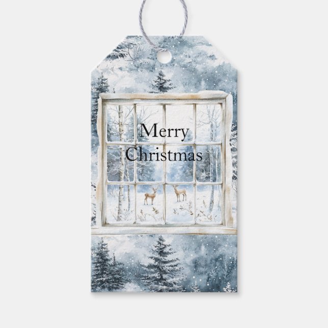 Snow Blue Christmas Trees Deer Window Geschenkanhänger (Vorderseite)