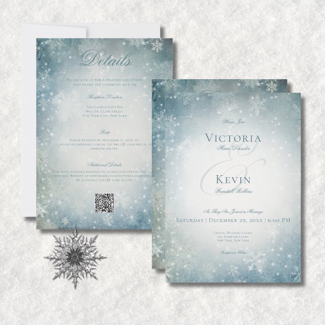Snow Blue & White Sparkle zwei Seiten Einladung (Falling Snow Blue & White Sparkle All In One Invitation)